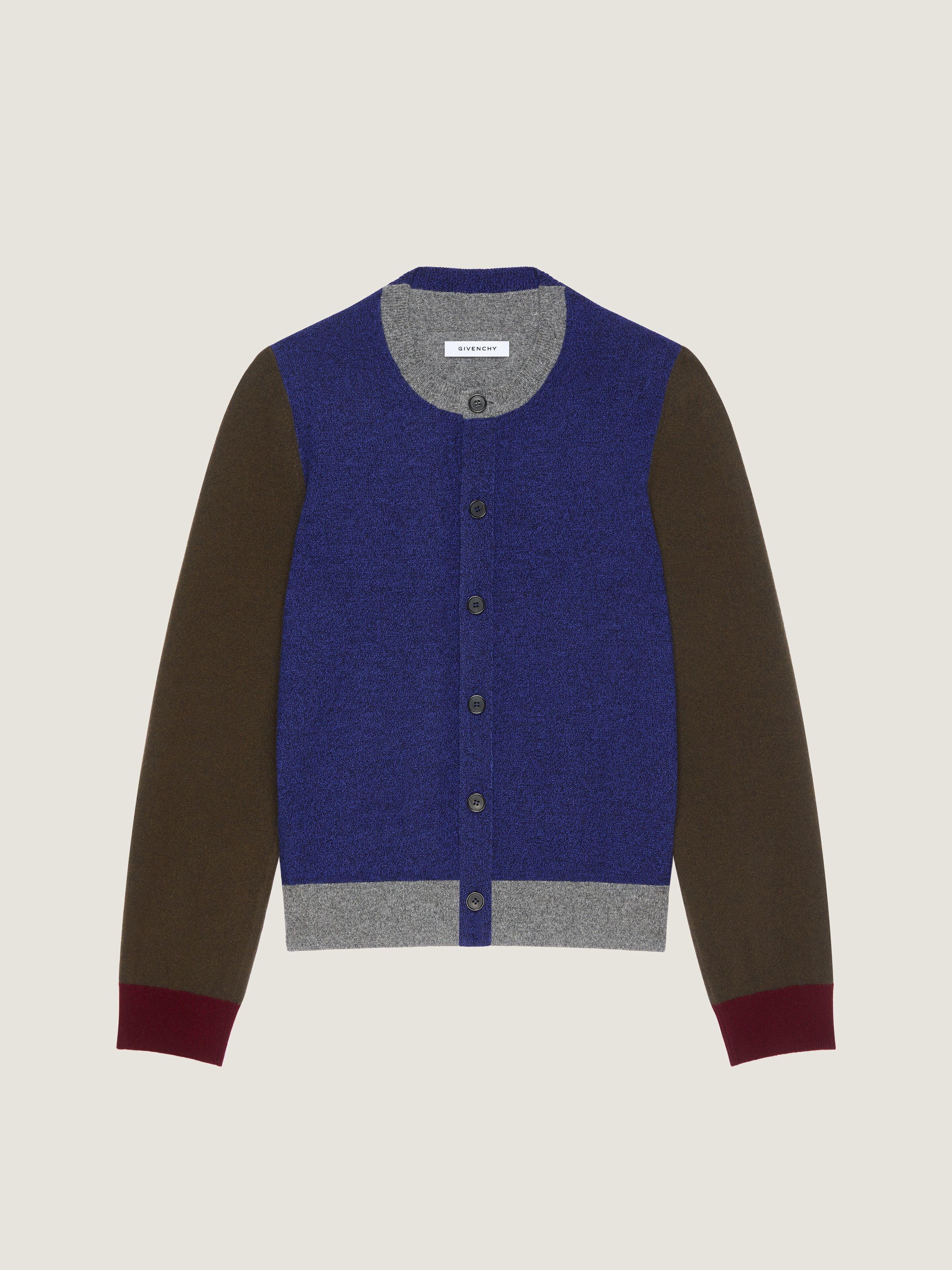 Cardigan in wool knit with color block